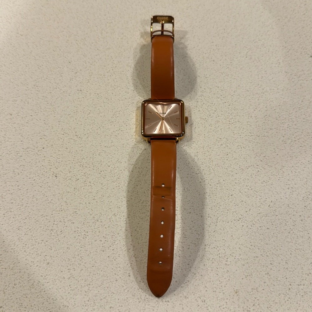 Cluse Rose Gold w Burnt Orange Band Square Face Watch